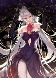 Rule 34 | 1girl, arms up, backlighting, bare shoulders, black gloves, commentary request, covered navel, cowboy shot, curtains, dress, elbow gloves, fate/grand order, fate (series), flower, gloves, highres, jeanne d&#039;arc (fate), jeanne d&#039;arc alter (avenger) (fate), jeanne d&#039;arc alter (fate), light particles, long hair, looking at viewer, official alternate costume, parted lips, purple dress, side slit, silver hair, smile, solo, sword, tsurukame, very long hair, weapon, yellow eyes
