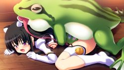 Rule 34 | 1girl, ayanokouji aoi, bent over, bestiality, black hair, blush, breasts, clothed sex, frog, frontwing, game cg, interspecies, jibril althea, makai tenshi djibril, makai tenshi djibril 4, open mouth, purple eyes, sex, vaginal