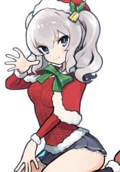 Rule 34 | 10s, 1girl, bell, blue eyes, bow, bowtie, capelet, christmas, christmas sweater, green bow, green bowtie, hat, holly, jingle bell, kantai collection, kashima (kancolle), kneeling, looking at viewer, miniskirt, mistletoe, rae (hexedwithluck), santa hat, silver hair, skirt, solo, sweater, twintails, white background
