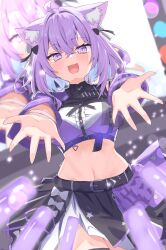 1girl animal_ears black_skirt blush cat_ears cat_girl cropped_shirt earl_grey_no_chaba highres hololive hololive_idol_uniform_(color_rise) medium_hair navel nekomata_okayu official_alternate_costume purple_eyes purple_hair purple_shirt shirt skirt solo stage virtual_youtuber