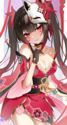 Rule 34 | 1girl, absurdres, bare shoulders, bell, black choker, black gloves, blush, bow, breasts, brown hair, choker, cleavage, closed mouth, cowboy shot, detached sleeves, dress, finger to cheek, fox mask, gloves, gradient hair, hair between eyes, hair bow, head tilt, hiciki, highres, honkai: star rail, honkai (series), index finger raised, large breasts, legs together, long bangs, long hair, long sleeves, looking at viewer, mask, mask on head, multicolored hair, neck bell, obi, pelvic curtain, pillarboxed, pink background, pink eyes, red bow, red dress, red hair, red sleeves, sash, short dress, simple background, single glove, sleeveless, sleeveless dress, smile, solo, sparkle (honkai: star rail), thighs, twintails, very long hair, wide sleeves