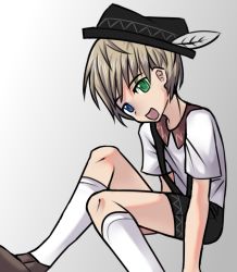 Rule 34 | 1boy, black hat, blonde hair, blue eyes, child, feet out of frame, german clothes, green eyes, hat, hat feather, heterochromia, keflorey, kneehighs, leaning forward, lederhosen, looking at viewer, male focus, open mouth, original, shirt, shorts, simple background, socks, solo, white background, white shirt, white socks