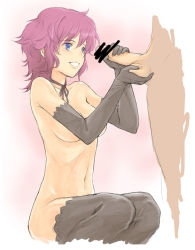 Rule 34 | 1boy, 1girl, blue eyes, breasts, caressing testicles, censored, choker, elbow gloves, gloved handjob, gloves, gradient background, handjob, happy, hetero, large breasts, minato fumi, nude, penis, purple hair, ribbon choker, short hair, sketch, solo focus, squatting, testicles, thighhighs