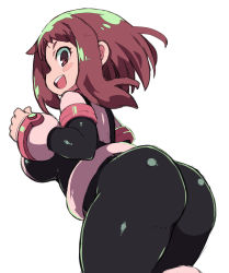 Rule 34 | 1girl, ass, black bodysuit, bodysuit, boku no hero academia, breasts, brown eyes, brown hair, from behind, highres, huge ass, large breasts, looking at viewer, looking back, open mouth, short hair, smile, solo, thick thighs, thighs, uraraka ochako, white background, zankuro