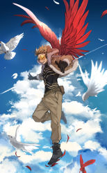 Rule 34 | 1boy, artist name, bird, black footwear, black gloves, black shirt, blonde hair, boku no hero academia, cloud, commentary, dove, closed eyes, feathered wings, feathers, forehead, full body, gloves, goggles, gold trim, hawks (boku no hero academia), kadeart, large wings, lower teeth only, male focus, open mouth, parted lips, red wings, shirt, short hair, sky, smile, solo, spiked hair, standing, standing on one leg, teeth, thick thighs, thighs, upper teeth only, white bird, wings, zipper