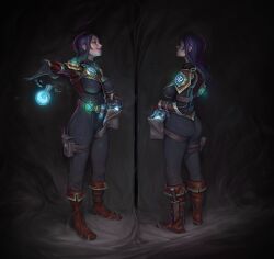 Rule 34 | 1girl, absurdres, armor, bag, blue hair, boot knife, boots, breasts, character sheet, commission, dang (runescape), dropping, evil grin, evil smile, full body, gloves, glowing clothes, grin, highres, knight of cydonia, long hair, looking away, medium breasts, multiple views, orange eyes, potion, runescape, satchel, second-party source, shadow, shoulder armor, simple background, smile, spiked ear piercing, standing, vambraces