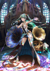 Rule 34 | 1girl, ;o, bare shoulders, black thighhighs, blue eyes, breasts, dress, full body, green hair, hatsune miku, highres, holding, holding microphone, indoors, instrument, jewelry, light rays, long hair, looking at viewer, medium breasts, microphone, microphone stand, necklace, one eye closed, organ (instrument), phonograph, pipe organ, pointing, solo, standing, thighhighs, twintails, vocaloid, window, yumemizuki
