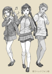 Rule 34 | 3girls, bag, between breasts, blazer, blunt bangs, bow, bowtie, breasts, cable, closed mouth, copyright name, dark-skinned female, dark skin, finger to mouth, glasses, gufu (guffuumu), hand in pocket, hand to own mouth, headphones, index finger raised, jacket, kneehighs, loafers, long hair, long sleeves, looking at another, looking at viewer, monochrome, multiple girls, music, musical note, open mouth, plaid, plaid skirt, pleated skirt, ponytail, quaver, school uniform, shoes, short hair, shorts, shorts under skirt, shoulder bag, shushing, simple background, singing, skirt, smile, socks, sweater, sweater vest, swept bangs, track jacket, twintails, utau headphone musume, very short hair, white legwear