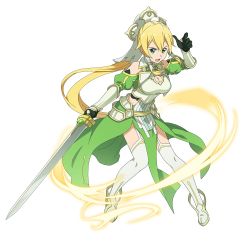 Rule 34 | 1girl, armor, blonde hair, boots, breastplate, breasts, cleavage, closed mouth, faux figurine, floating hair, full body, garter belt, gloves, green gloves, green skirt, grey eyes, hair between eyes, hair tubes, highres, holding, holding sword, holding weapon, leafa, leafa (terraria), long hair, medium breasts, official art, outstretched arm, ponytail, sidelocks, simple background, skirt, solo, standing, sword, sword art online, sword art online: alicization, sword art online: memory defrag, thigh boots, thighhighs, very long hair, weapon, white footwear