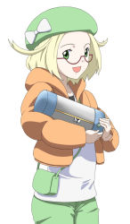 Rule 34 | 1girl, bianca (pokemon), blonde hair, chemical weapon, chemicals, commentary request, creatures (company), game freak, glasses, gojira, green eyes, hat, jacket, looking at viewer, medium hair, nintendo, open mouth, oxygen destroyer, pokemon, pokemon bw2, simple background, smile, solo, toho, weapon, weapon of mass destruction, white background, yoshida keiji