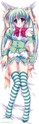 Rule 34 | 1girl, absurdres, bed, bed sheet, blue eyes, blush, breasts, clothes lift, dakimakura (medium), dress, dress lift, from above, full body, green hair, green panties, green thighhighs, highres, hinamatsuri touko, legs, looking at viewer, lying, melon-chan, melonbooks, on back, on bed, panties, small breasts, socks, solo, striped clothes, striped panties, striped socks, striped thighhighs, thighhighs, twintails, underwear, white panties, white socks, white thighhighs, wrist cuffs
