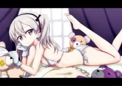 Rule 34 | 10s, 1girl, bandages, bed sheet, bikini, black ribbon, blurry, blurry background, blurry foreground, boko (girls und panzer), brown eyes, closed mouth, commentary, curtains, depth of field, eyepatch, flat chest, from side, girls und panzer, gloves, grey bikini, hair ribbon, head rest, indoors, legs, legs up, light brown hair, long hair, looking at viewer, lying, on bed, on stomach, pillow, ribbon, shibagami, shimada arisu, side-tie bikini bottom, side ponytail, smile, solo, stuffed animal, stuffed toy, swimsuit, teddy bear, white gloves, window