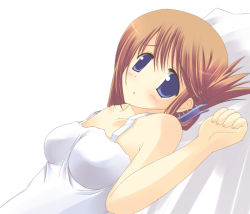 Rule 34 | 00s, 1girl, :o, bare shoulders, blush, brown hair, collarbone, dress, folded ponytail, komaki manaka, looking at viewer, parted lips, short hair, sleeveless, sleeveless dress, solo, sundress, to heart (series), to heart 2, upper body, white dress