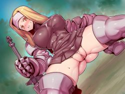 Rule 34 | 1girl, armor, blonde hair, blurry, blurry background, blush, breasts, censored, embarrassed, female focus, final fantasy, final fantasy tactics, gluteal fold, groin, headband, highres, kneeling, large breasts, legs, long hair, looking at viewer, mosaic censoring, no panties, nose blush, orange eyes, parted lips, pussy, simple background, skirt, solo, squire (fft), sweatdrop, sword, thick thighs, thighs, tukiwani, weapon