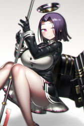 Rule 34 | 1girl, bare legs, black gloves, black jacket, blush, breasts, commentary, feet out of frame, gloves, halo, harau, holding, holding weapon, invisible chair, jacket, kantai collection, knees together feet apart, large breasts, long sleeves, looking at viewer, machinery, parted bangs, parted lips, pink eyes, polearm, purple hair, shirt, short hair, sitting, smile, solo, tatsuta (kancolle), weapon, white shirt