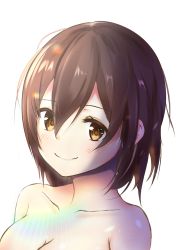 Rule 34 | 1girl, bare shoulders, blush, breasts, brown eyes, brown hair, cleavage, collarbone, commentary request, dot nose, face, hair between eyes, highres, hololive, looking at viewer, neko usagi (nekousagi jpn), roboco-san, short hair, simple background, smile, solo, virtual youtuber, white background