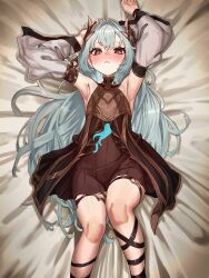 Rule 34 | 1girl, absurdres, armpits, arms up, bare shoulders, bed sheet, belt, blue hair, blue nails, blush, brown eyes, clothing request, commentary request, commission, detached sleeves, ekrea jan, flat chest, hair between eyes, highres, long hair, long sleeves, looking at viewer, lying, on back, original, parted lips, pelvic curtain, petite, scales, skeb commission, slit pupils, solo, thigh belt, thigh strap, very long hair, wide sleeves
