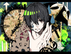 Rule 34 | 1boy, arrow (projectile), artist request, bad id, bad pixiv id, bandage over one eye, black hair, brown eyes, cityscape, clock, clockwork, drop, flat color, hair over one eye, hand on neck, heart, letterboxed, male focus, original, short hair, surreal, umbrella, water drop