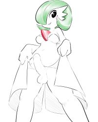 Rule 34 | 1futa, bare shoulders, black eyes, blush, blush stickers, breasts, cleavage, clothes lift, creatures (company), dress, dress lift, from below, futanari, game freak, gardevoir, gen 3 pokemon, glacier clear, green hair, hair over one eye, highres, kevinsano, legs apart, lifting own clothes, looking at viewer, medium breasts, nintendo, penis, pokemon, pokemon (creature), pokemon rse, precum, short hair, simple background, smile, solo, standing, strapless, strapless dress, teeth, testicles, uncensored, white background, white dress
