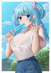 Rule 34 | 1girl, aqua hair, blue eyes, blue shorts, blue sky, blush, border, bra visible through clothes, buttons, cloud, collarbone, denim, denim shorts, food, food in mouth, hands up, high-waist shorts, highres, holding, holding food, jewelry, leaf, long hair, looking at viewer, magia record: mahou shoujo madoka magica gaiden, mahou shoujo madoka magica, minami rena, noeru, outdoors, pink scrunchie, popsicle, popsicle in mouth, popsicle stick, ring, scrunchie, see-through, shirt, shirt tucked in, short sleeves, short twintails, shorts, sky, solo, sweat, sweatdrop, twintails, water drop, wet, white border, white shirt