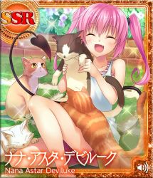 Rule 34 | 1girl, :d, ^ ^, cat, character name, demon tail, closed eyes, fang, long hair, nana asta deviluke, official art, open mouth, outdoors, pink hair, shorts, sitting, smile, sparkle, tail, to love-ru, to love-ru darkness: idol revolution, twintails, vest