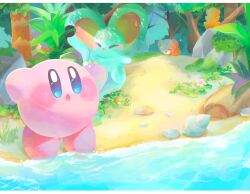 Rule 34 | :o, arms up, awoofy, beach, blue eyes, blush, blush stickers, bush, closed eyes, commentary request, conch, day, elfilin, flower, forest, highres, kirby, kirby (series), kirby and the forgotten land, letterboxed, log, nature, nintendo, no humans, nose bubble, open mouth, outdoors, palm tree, pink flower, plant, red flower, rock, sand, seashell, shell, sleeping, star (symbol), starfish, stern (stern dream), tiptoes, tree, water