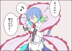Rule 34 | 1girl, aged down, blue hair, commentary request, closed eyes, frills, gloves, hinanawi tenshi, hug, kenuu (kenny), long hair, long sleeves, musical note, no headwear, quaver, shawl, smile, solo, spoken musical note, thought bubble, touhou, translation request, white gloves