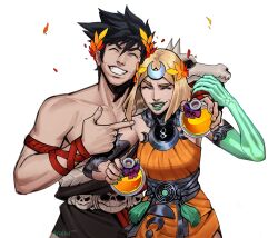 Rule 34 | 1boy, 1girl, ^ ^, ancient greek clothes, arm around shoulder, black hair, blonde hair, bone, brother and sister, closed eyes, dress, grace kim (ryuuna), greco-roman clothes, green lips, grin, hades (series), hades 1, hades 2, highres, laurel crown, melinoe (hades), orange dress, pointing, pointing at another, siblings, single bare shoulder, skull, smile, see-through body, zagreus (hades)
