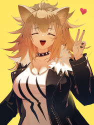 Rule 34 | 1girl, absurdres, alternate breast size, arknights, black collar, black jacket, black nails, breasts, brown hair, cleavage, closed eyes, collar, facing viewer, fangs, hand up, heart, highres, jacket, large breasts, leather, leather jacket, long hair, long sleeves, open clothes, open jacket, open mouth, revision, shirt, siege (arknights), simple background, solo, studded collar, teeth, tongue, upper body, upper teeth only, v, white shirt, xuanji, yellow background