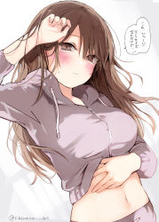 Rule 34 | 1girl, absurdres, blush, breasts, brown eyes, brown hair, closed mouth, highres, hood, hoodie, jacket, jersey, large breasts, long hair, long sleeves, midriff, mole, mole on body, mole under eye, navel, original, signature, simple background, solo, speech bubble, sweater, track jacket, track suit, translation request, white background, yukari (rihenara doll)