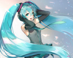 Rule 34 | 1girl, absurdres, aqua eyes, aqua hair, arms up, detached sleeves, floating hair, hair between eyes, hands on headphones, hatsune miku, headset, hieung, highres, long hair, looking at viewer, necktie, open mouth, pleated skirt, skirt, solo, twintails, very long hair, vocaloid