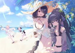 Rule 34 | 4girls, beach, bikini, bikini under clothes, black bikini, black choker, black hair, black wings, blue archive, bow, braid, braided ponytail, breasts, cardigan, choker, cleavage, cloud, cup, day, drinking straw, feathered wings, hair over shoulder, hairband, halo, hanako (blue archive), hanako (swimsuit) (blue archive), hat, hinata (blue archive), hinata (swimsuit) (blue archive), holding, holding cup, jewelry, koharu (blue archive), koharu (swimsuit) (blue archive), large breasts, long hair, multiple girls, necklace, one-piece swimsuit, open cardigan, open clothes, open mouth, outdoors, pink hair, pointing, ponytail, red eyes, running, sandals, shirt, signature, single braid, sky, sleeves past fingers, sleeves past wrists, small breasts, sparkle, sweat, swimsuit, tautiki, ui (blue archive), ui (swimsuit) (blue archive), very long hair, white bow, white one-piece swimsuit, white shirt, wings