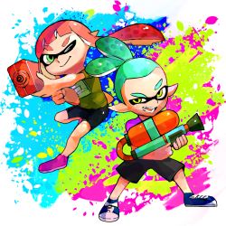 Rule 34 | 1boy, 1girl, aiming, aiming at viewer, aqua hair, bad id, bad pixiv id, bike shorts, green eyes, green shirt, gun, inkling, inkling boy, inkling girl, inkling player character, monster boy, monster girl, naokado, nintendo, one eye closed, open mouth, orange hair, paint, pointy ears, shirt, shoes, shorts, smile, splatoon (series), splatoon 1, splattershot (splatoon), super soaker, tentacle hair, twintails, weapon, yellow eyes