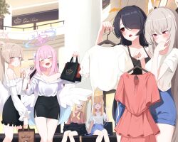 Rule 34 | 6+girls, alternate costume, angel wings, animal ears, bag, black hair, blonde hair, blue archive, blush, breasts, brown eyes, brown hair, casual, cat ears, cleavage, closed eyes, closed mouth, clothes rack, daran9, feathered wings, fox ears, grey hair, hair bun, hair over one eye, halo, highres, hinata (blue archive), holding, holding bag, long hair, mall, mari (blue archive), mika (blue archive), multiple girls, nagisa (blue archive), open mouth, pencil skirt, pink hair, ponytail, red eyes, sakurako (blue archive), seia (blue archive), shopping bag, sitting, skirt, storefront, wings, yellow halo