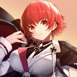 Rule 34 | 1girl, absurdres, aiguillette, azur lane, black cape, black skirt, breasts, cape, coat dress, collared shirt, commentary, cross, derivative work, dress, drop shadow, hair between eyes, hand up, highres, huge filesize, iron cross, large breasts, long sleeves, looking at viewer, necktie, orange background, rabe26k, red eyes, red hair, shirt, short hair, sidelocks, simple background, skirt, smile, solo, upper body, weser (azur lane), white dress, white necktie