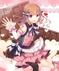 Rule 34 | 1girl, :d, bow, brown eyes, brown hair, candy, chocolate, chocolate bar, detached sleeves, dress, fang, food, goma (11zihisin), hair bow, heart, highres, long hair, open mouth, original, single thighhigh, sitting, smile, solo, thighhighs, valentine, waving