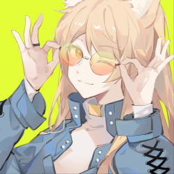 Rule 34 | 1girl, ;), alternate costume, arknights, blemishine (arknights), blonde hair, blue jacket, chinese commentary, closed mouth, commentary request, gemi 25, hands on eyewear, hands up, highres, jacket, jewelry, long hair, long sleeves, looking at viewer, one eye closed, open clothes, open jacket, orange-tinted eyewear, orange eyes, ponytail, rimless eyewear, ring, round eyewear, simple background, smile, solo, sunglasses, sweater, swept bangs, tinted eyewear, upper body, white sweater, yellow background