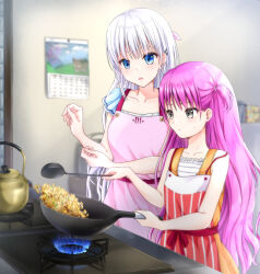Rule 34 | 2girls, apron, blue eyes, blurry, blurry background, calendar (object), casual, center frills, child, closed mouth, commentary request, cooking, dress, eyebrows hidden by hair, eyelashes, food, fried rice, frills, frown, frying pan, grey eyes, hair between eyes, hands up, highres, holding, holding frying pan, holding ladle, indoors, katou umi, kitchen, ladle, light blush, long hair, looking at food, mini dang01, motion blur, multiple girls, naruse shiroha, off shoulder, open mouth, orange dress, pink apron, purple hair, red apron, short sleeves, side-by-side, sidelocks, stove, summer pockets, two side up, very long hair, white hair