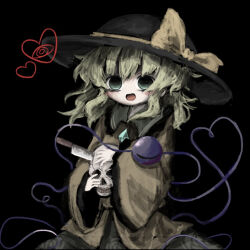 Rule 34 | 1girl, black background, black hat, blush, bow, bright pupils, buttons, collared shirt, diamond button, eyeball, floral print, frilled shirt collar, frilled sleeves, frills, green eyes, green skirt, hands up, hat, hat bow, hat ribbon, heart, heart of string, heripantomorrow, holding, holding skull, knife, knife in head, komeiji koishi, light green hair, long sleeves, looking at viewer, medium hair, object through head, open mouth, ribbon, rose print, shirt, simple background, skirt, skull, smile, solo, touhou, upper body, wavy hair, wide sleeves, yellow bow, yellow ribbon, yellow shirt