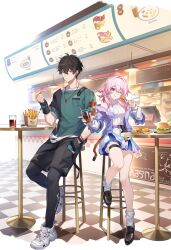 Rule 34 | 1boy, 1girl, :q, bare shoulders, belt, black footwear, black hair, black leggings, black shirt, black shorts, blue eyes, blue jacket, blue skirt, bracelet, breasts, burger, checkered floor, chicken leg, chicken sandwich, closed mouth, cup, dan heng (feast) (honkai: star rail), dan heng (honkai: star rail), drinking straw, flower ornament, food, french fries, fried chicken, full body, gradient jacket, green shirt, hair between eyes, hand in pocket, high belt, holding, holding cup, holding drinking straw, holding food, honkai: star rail, honkai (series), indoors, jacket, jewelry, layered skirt, leggings, loafers, long hair, long sleeves, looking at viewer, march 7th (feast) (honkai: star rail), march 7th (honkai: star rail), medium breasts, medium hair, menu, miniskirt, multicolored eyes, official alternate costume, one eye closed, pink eyes, pink hair, plate, purple belt, purple jacket, ribbed sweater, shirt, shoes, short hair, short sleeves, shorts, sitting, skirt, sleeveless, sleeveless sweater, sleeveless turtleneck, smile, sneakers, socks, stool, sweater, table, thigh strap, tongue, tongue out, turtleneck, turtleneck sweater, two-tone shirt, undershirt, white footwear, white shirt, white socks, white sweater