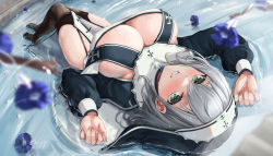 Rule 34 | 1girl, absurdres, blurry, blurry foreground, blush, breast curtains, breasts, cleavage, cross, depth of field, dutch angle, flower, full body, garter straps, green eyes, grey hair, grin, habit, highres, hololive, kuutamo, large breasts, long sleeves, looking at viewer, lying, lying on water, nun, on back, pelvic curtain, perspective, revealing clothes, shirogane noel, short hair, shrug (clothing), smile, solo, thighhighs, upside-down, virtual youtuber, water, wet