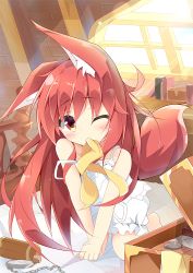 Rule 34 | 1girl, all fours, animal ears, bare arms, bare shoulders, bed, bed frame, bloomers, blue sky, blush, book, box, camisole, chain, chemise, collarbone, day, desk, fox ears, fox tail, hair between eyes, holding, indoors, jewelry, kushida you, lens flare, light rays, locket, long hair, looking at viewer, messy hair, mouth hold, off shoulder, official art, on bed, one eye closed, original, pendant, pocket watch, red eyes, red hair, ribbon, sky, solo, sunbeam, sunlight, tail, underwear, v arms, watch, window, yellow ribbon