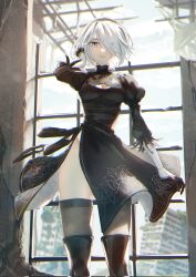 Rule 34 | 1girl, 2b (nier:automata), black dress, black footwear, black gloves, black hairband, black thighhighs, blue eyes, blue sky, bob cut, boots, building, cleavage cutout, closed mouth, clothing cutout, cloud, cloudy sky, commentary, corrupted twitter file, dress, feather-trimmed sleeves, feet out of frame, floating clothes, gloves, hair over one eye, hairband, hand in own hair, hand up, highres, juliet sleeves, long sleeves, looking at viewer, mole, mole under mouth, nier:automata, nier (series), no blindfold, puffy sleeves, ruins, shikan, short hair, side slit, sky, solo, standing, swept bangs, thigh boots, thighhighs, thighs, turtleneck dress, white hair