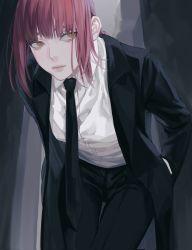 Rule 34 | 1girl, black coat, black necktie, black pants, braid, braided ponytail, breasts, chainsaw man, coat, collared shirt, formal, gusamo, highres, long coat, long hair, long sleeves, makima (chainsaw man), medium breasts, necktie, pants, red hair, ringed eyes, shirt, solo, suit, white shirt, yellow eyes