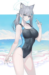 Rule 34 | 1girl, absurdres, animal ear fluff, animal ears, bare arms, bare shoulders, black one-piece swimsuit, blue archive, blue eyes, blue nails, blue sky, blush, breasts, cat ears, closed mouth, cloud, collarbone, commentary, competition swimsuit, day, echj, english commentary, grey hair, groin, hair between eyes, hair ornament, halo, highleg, highleg swimsuit, highres, horizon, medium breasts, nail polish, ocean, one-piece swimsuit, ponytail, shiroko (blue archive), shiroko (swimsuit) (blue archive), sky, solo, swimsuit, water