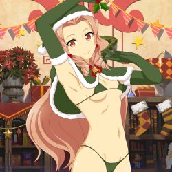 Rule 34 | 1girl, alternate costume, armpits, bell, bikini, breasts, brown eyes, brown hair, capelet, challengia, christmas, christmas ornaments, drill hair, elbow gloves, gloves, green bikini, green capelet, green gloves, hair ornament, hat, holly, indoors, itachan, long hair, navel, nchans, nchans style, official art, orcaleon, santa bikini, santa costume, santa gloves, santa hat, showing armpits, skindentation, small breasts, smile, solo, swimsuit, winter clothes