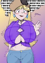 Rule 34 | 1girl, blush, breasts, bursting breasts, female focus, gradient background, gravity falls, huge breasts, maydrawfag, open mouth, pacifica northwest, solo, standing, trembling