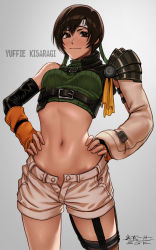 Rule 34 | 1girl, black hair, brown eyes, character name, crop top, final fantasy, final fantasy vii, final fantasy vii remake, fingerless gloves, fishnet thighhighs, fishnets, forehead protector, gloves, hands on own hips, headband, highres, looking at viewer, navel, sgk, short shorts, shorts, single sleeve, single thighhigh, sleeveless, sleeveless turtleneck, smile, solo, stomach, thighhighs, turtleneck, yuffie kisaragi