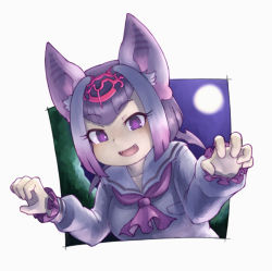 Rule 34 | 1girl, :d, animal ears, ascot, bad id, bad pixiv id, bat ears, claw pose, commentary, common vampire bat (kemono friends), fangs, full moon, gradient hair, highres, kemono friends, long sleeves, looking at viewer, moon, multicolored hair, okome kogashi, open mouth, pink ascot, pink hair, purple eyes, sailor collar, shirt, simple background, smile, solo, v-shaped eyebrows, white background, white hair, white shirt