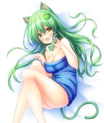 Rule 34 | 1girl, :d, alternate costume, animal ear fluff, animal ears, bare arms, bare shoulders, blush, breasts, cat day, cat ears, cat girl, cat tail, commentary request, fang, feet out of frame, frog hair ornament, green hair, hair between eyes, hair ornament, hair spread out, highres, kemonomimi mode, kochiya sanae, large breasts, legs, long hair, looking at viewer, lying, on side, open mouth, osashin (osada), paw pose, smile, snake hair ornament, solo, tail, touhou, yellow eyes